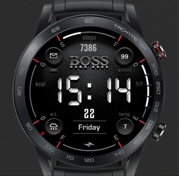 Hugo Boss elegant black watch face.