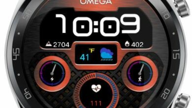 Omega digital watch face with animated weather