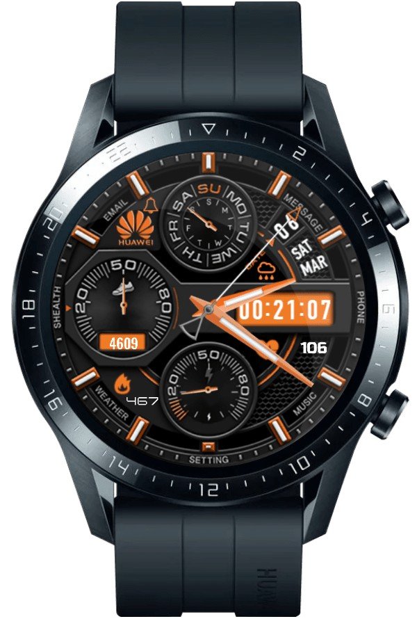Hybrid orange watch with many shortcuts and notifications