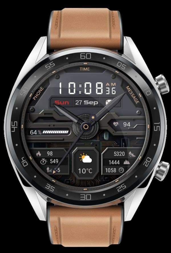 Black hybrid watch face with beautiful weathers icons