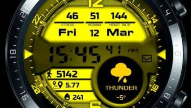 Yellow digital watch face with big weather icon