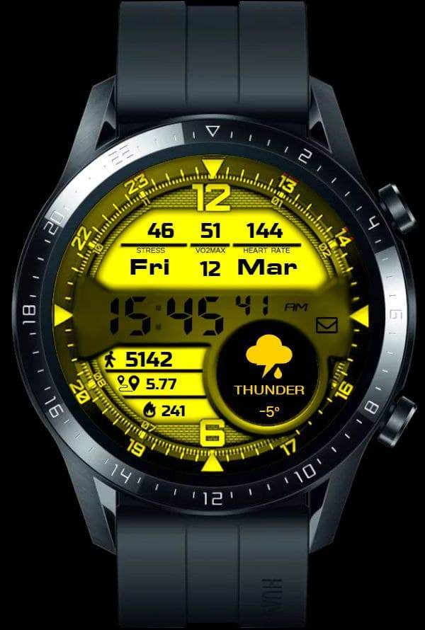Yellow digital watch face with big weather icon