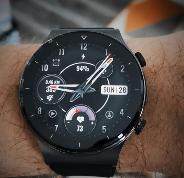 Black hybrid watch face with shortcuts