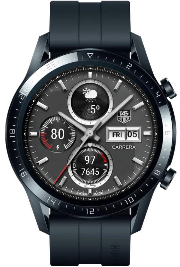 Carrera tag heuer grey realistic watch face with shortcuts and beautiful notification icon