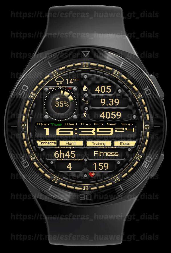 Black gold digital watch face with shortcuts