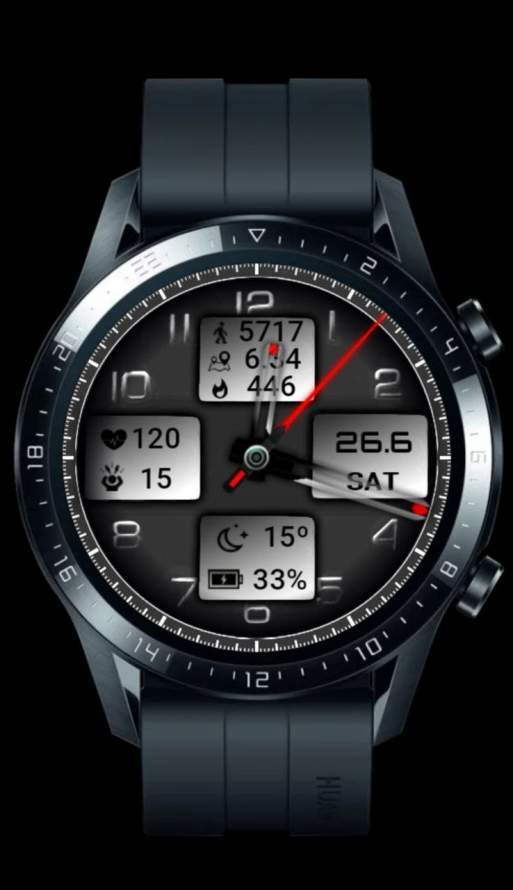 Black and white hybrid watch face with shortcuts