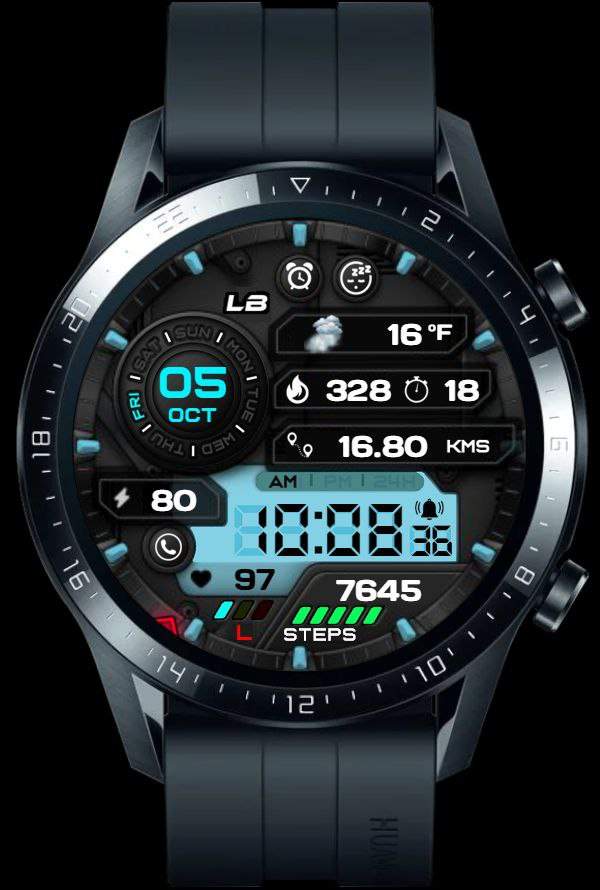 Blue horizontal LCD digital watch face theme