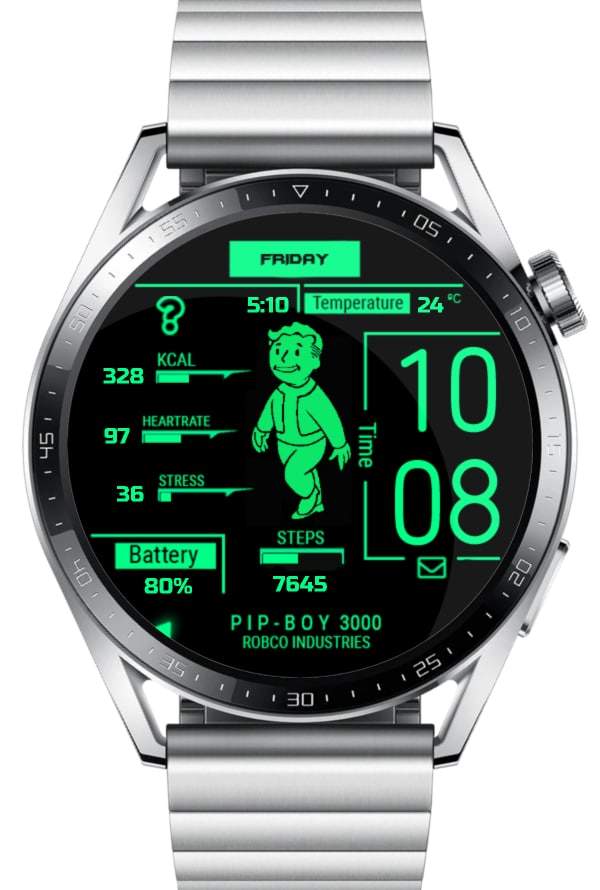 Pipboy green digital watch face theme