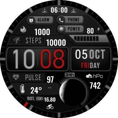 Digital watch face theme with big moon phase